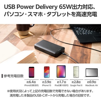 モバイルバッテリー 20000mAh 大容量 PD 65W 入出力(Type-C×1) 出力(Type-C×1 USB-A×1) エレコム