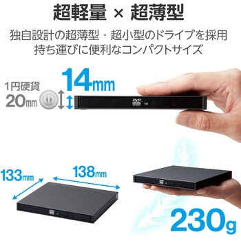 外付けDVDドライブ CD DVD 対応 USB 3.2 Gen1 ケーブル2本(Type-C+Type-A) 書込ソフト バスパワー 軽量 ロジテック