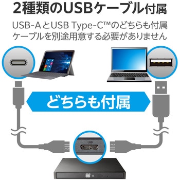 外付けDVDドライブ CD DVD 対応 USB 3.2 Gen1 ケーブル2本(Type-C+Type-A) 書込ソフト バスパワー 軽量 ロジテック