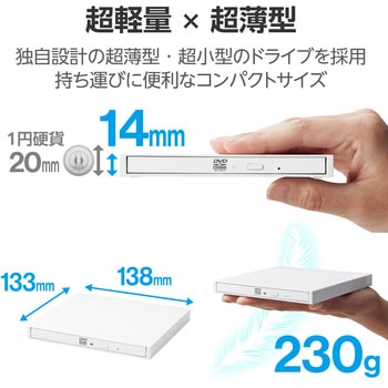 外付けDVDドライブ CD DVD 対応 USB 3.2 Gen1 ケーブル2本(Type-C+Type-A) 書込ソフト バスパワー 軽量 ロジテック