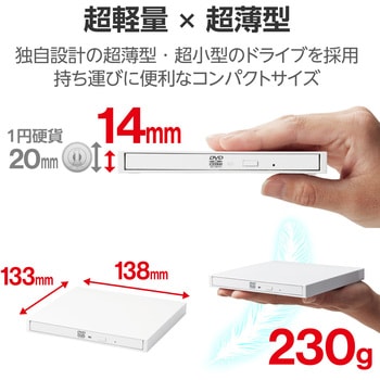 外付けDVDドライブ USB 3.2 Gen1 ケーブル2本(Type-C+Type-A) 再生/編集/書込ソフト バスパワー 軽量 ロジテック