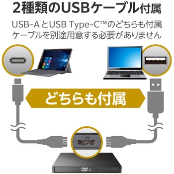 外付けDVDドライブ CD DVD 対応 USB 3.2 Gen1 ケーブル2本(Type-C+Type-A) 読込専用 ACアダプタ付 軽量 ロジテック