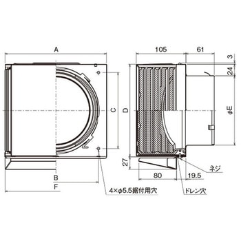 SUS製 角形耐外風フード 縦ギャラリ 網5M 左右開口・ドレン皿付タイプ - メルコエアテクノロジー(旧:メルコエアテック)