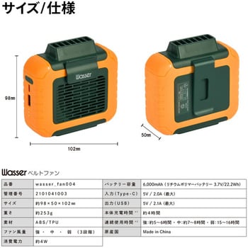 wasser_fan004-g ベルトファン 腰掛けハンズフリー 携帯小型扇風機 1個