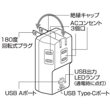 AC100V/14A 3口タップ USB A・Cポート各1個付 エスコ