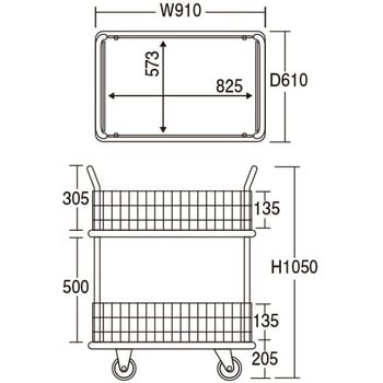 二段式ワゴン台車・上下コボレ止め金網付き・フットブレーキ付き - エヌケーキャリーキャスター