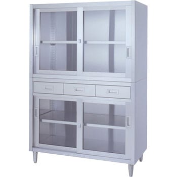 ステンレス保管庫(片面引出付/上下ガラス戸・二段式)アジャスト仕様 SUS430 シンコー