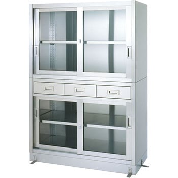 ステンレス保管庫(片面引出付/上下ガラス戸・二段式)ベース仕様 SUS430 シンコー