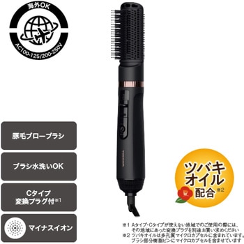 くるくるドライヤー カールドライヤー マイナスイオン 豚毛ブローブラシ 国内・海外 両用モデル 3段階切替 (DRY-SET-COOL) Cタイプ変換プラグ付 ブラック テスコム