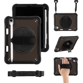 iPad mini 8.3インチ (A17 Pro/第6世代) 縦横スタンド可能 360度回転ホール 耐衝撃ケース ブラック 長さ調節可能なショルダーストラップ付 Smart Stock