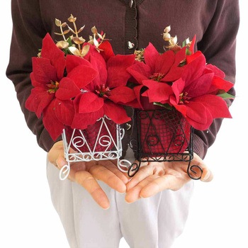 冬装飾 クリスマス飾り ポインセチア造花 キューブポット ストア・エキスプレス