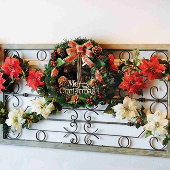 冬装飾 クリスマス飾り ポインセチアヒイラギ造花 ガーランド ストア・エキスプレス