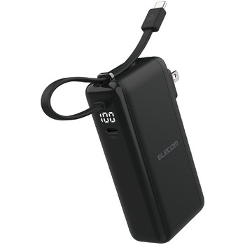 EC-C51LBK モバイルバッテリー コンセント一体型 10000mAh PD 35W PPS対応 USB-Cケーブル内蔵 2台同時 LED残量1%表示 エレコム 67162640