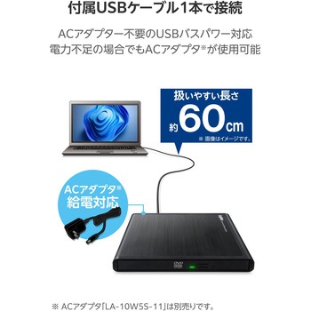 DVDドライブ 外付け 書き込みソフト付 M-DISC対応 USBバスパワー+外部電源ポート Windows 11/10 macOS対応 ロジテック