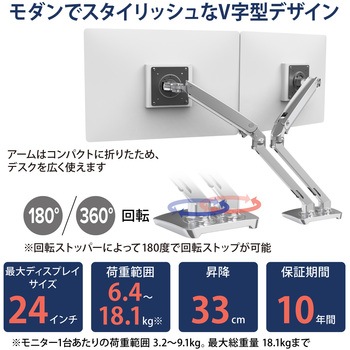 エルゴトロン MXV デュアル モニターアーム スリムタイプ 2画面 アルミニウム 24インチ(18.1kg)まで VESA規格対応 ERGOTRON(エルゴトロン)