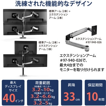 45-549-026 エルゴトロン LX デュアル モニターアーム 縦/横型 ロングポール 長身ポール 2画面 アルミニウム 40インチ (3.2～10kg/1モニター)まで VESA規格対応 1個 ERGOTRON(エルゴトロン) 【通販モノタロウ】