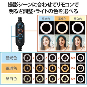 LEDリングライト 自撮りライト 3色調光 最大640Lm 10段階調整 USB-A給電 動画配信 クリップスタンド付き エレコム