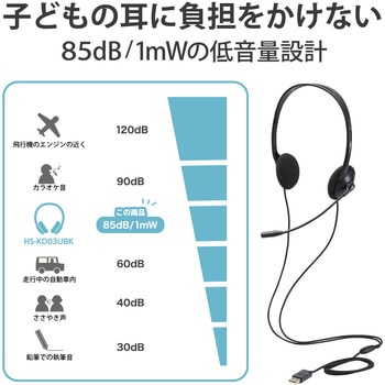 ヘッドホン ヘッドセット マイク付き 有線 USB接続 オーバーヘッドタイプ 無指向性 小学生 回転式マイクアーム 両耳 サイズ調整機能付き 安全音量低減 オンライン授業 ブラック エレコム