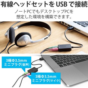 オーディオ変換アダプタ USB-Φ3.5mm オーディオ出力 マイク入力 ケーブル付 15cm