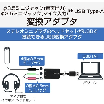 オーディオ変換アダプタ USB-Φ3.5mm オーディオ出力 マイク入力 ケーブル付 15cm エレコム