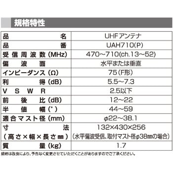 UAH710(P) 家庭用 UHFアンテナ 地上デジタル 強電界・中電界地用 水平・垂直偏波対応 14素子相当 オールチャンネル対応 1台 DXアンテナ  【通販モノタロウ】