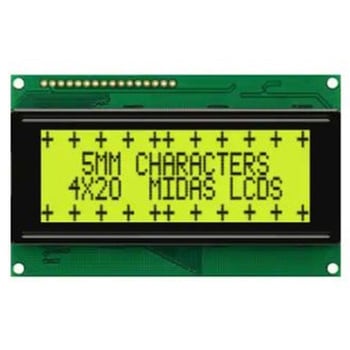 液晶モノクロディスプレイ 半透過型 英数字 黄緑x20 char MIDAS