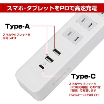 [一括スイッチ付]テーブルタップ(USB充電ポート/雷ガード付) エスコ