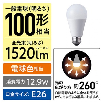 AC100V/12.9W/E26 電球/LED(電球色) エスコ