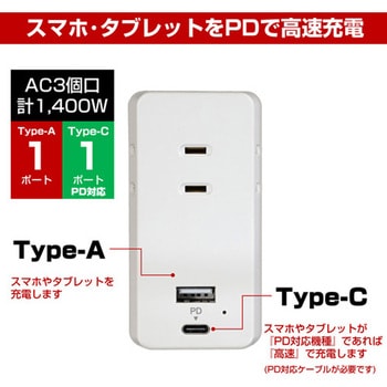 タップ(USB充電ポート付/雷サージ対応) エスコ