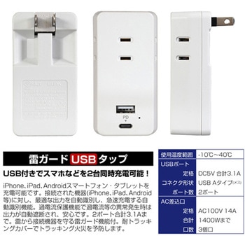 タップ(USB充電ポート付/雷サージ対応) エスコ