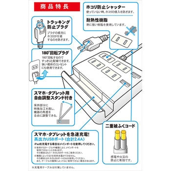 4個口コンセントタップ&USB充電2ポート 延長コード(1.5m) TOPLAND