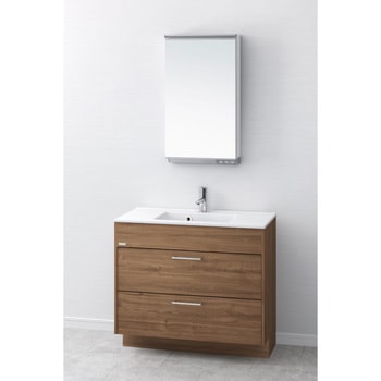 デザイン洗面 アール キャビネット+洗面ボウル一体型カウンター+木製一面鏡(幅450・LED照明) アサヒ衛陶