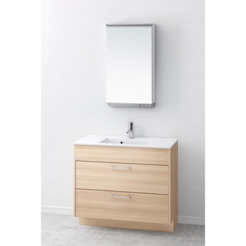 デザイン洗面 アール キャビネット+洗面ボウル一体型カウンター+木製一面鏡(幅450・LED照明) アサヒ衛陶