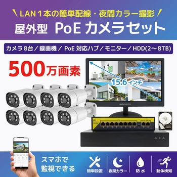 SEC-N-Y8G-16L-8T 500万画素PoE NVR防犯カメラ8台・夜間フルカラー録画機HDD8TB・15.6インチモニターセット ブロードウォッチ 72197636