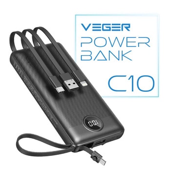 VEGER【パワーバンク】10000mAh USB-A、Micro B、Type-C、ライトニングケーブル内蔵 VEGER(ベガー)