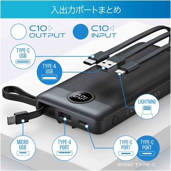 VEGER【パワーバンク】10000mAh USB-A、Micro B、Type-C、ライトニングケーブル内蔵 VEGER(ベガー)