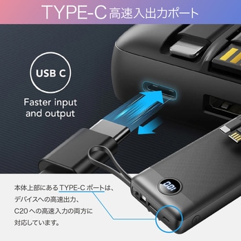 4ケーブル内蔵のモバイルバッテリー20000mAh USB-A、Micro B、Type-C、ライトニングケーブル内蔵 VEGER(ベガー)