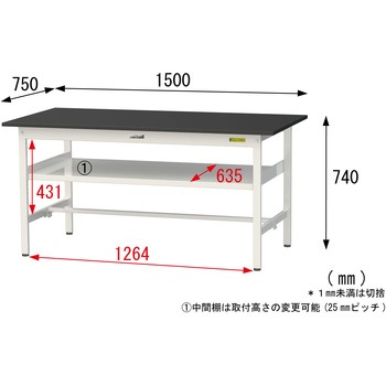 実験用軽量作業台/固定式_高耐薬品ケミテクト天板_中間棚付き_ワークテーブルLABシリーズ_実験用ラボテーブル 山金工業