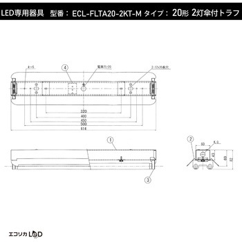 直管形LED専用器具(2灯傘付トラフ)/20形 エコリカ