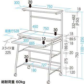 EA954HC-417 750x528x1100-1250mm パソコンデスク 1台 エスコ 【通販