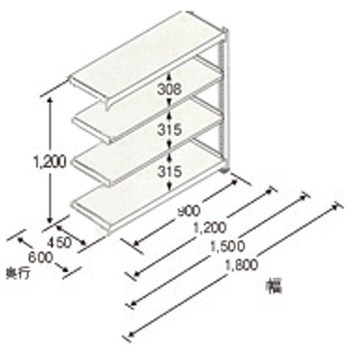 1790x600x1200mm/150kg/4段 スチール棚(連立用) エスコ