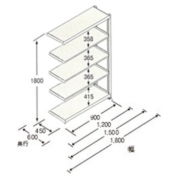 890x600x1800mm/150kg/5段 スチール棚(連立用) エスコ