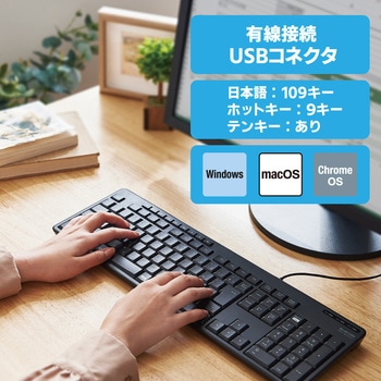 キーボード 有線 USB接続 メンブレン式 テンキー付き 静音 抗菌 排水機構 エレコム