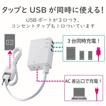 USB付 電源タップ USBポート 2P AC×1個口 60cm ホワイト エレコム