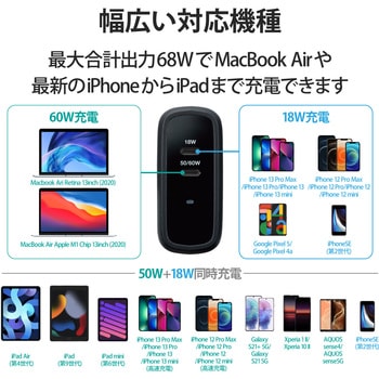 スマホ充電器 AC充電器 タイプC×2ポート 合計68W 小型 軽量 USBコンセント iPhone エレコム