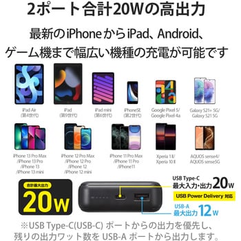 モバイルバッテリー 2口 ( USBA Type-C ) 20000mAh PD おまかせ充電