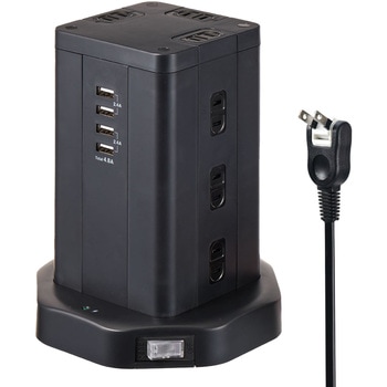タワー型タップ 360°配線  雷ガード 集中スイッチ AC12個口 USB4ポート 急速充電 スイングプラグ 取付用マグネット付き ELPA