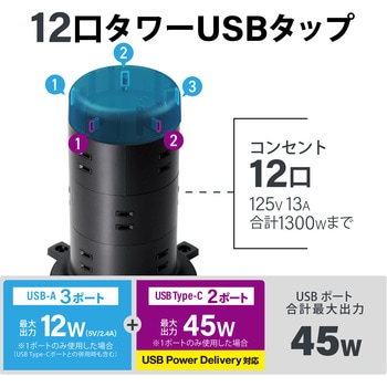電源タップ コンセント×12個口 (USB-C×2 USB-A×3) 45W タワー型 エレコム
