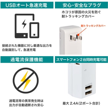 耐雷USBタップ 雷ガード付き 急速充電 2個口 2ポート 2.4A コードなし ELPA