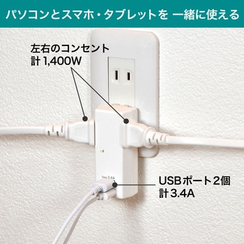 耐雷USBタップ 収納プラグ  急速充電 2個口 2ポート コードなし ELPA